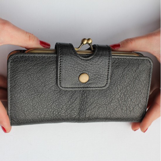 Large Wallet Black & Flowers Leather